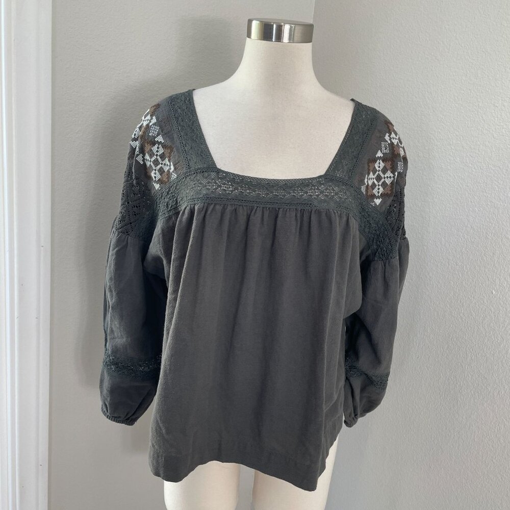 Lucky Brand Womens Large Embroidered Lace Detail Top Square Neck Shirt Blouse